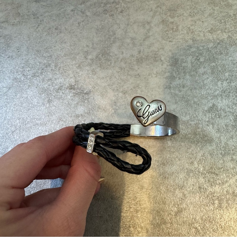 Guess Silver Heart Logo Cuff Bracelet with Black Braided Accent